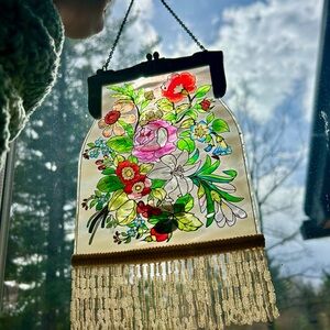 Amia Denver Co Victorian Handpainted Stained Glass Purse Suncatcher w/ Fringe